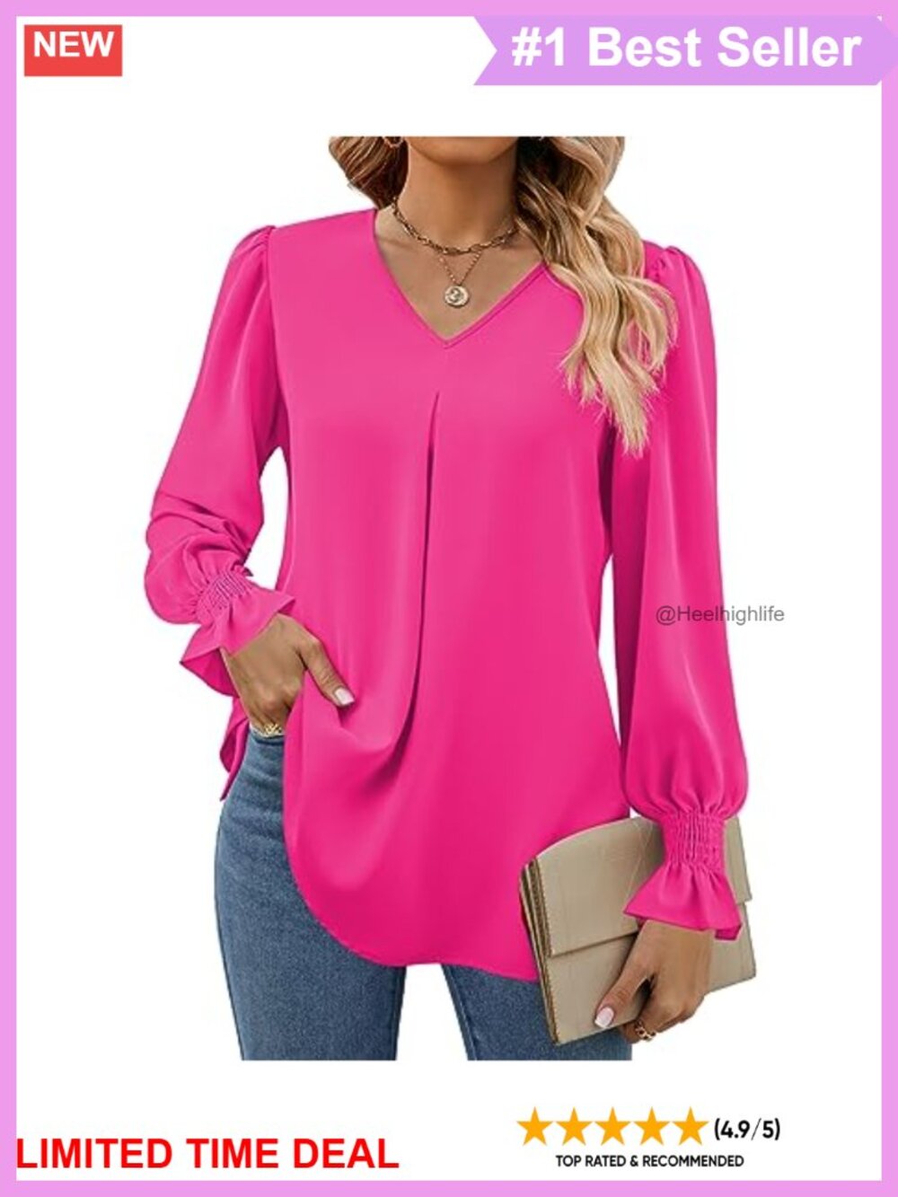 Women's Long Sleeve V Neck Chiffon Tunic Blouse Dressy Casual Work Top